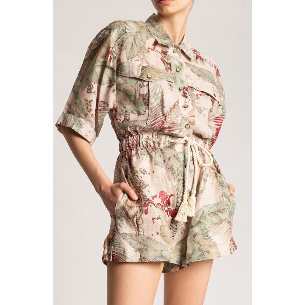 ZIMMERMANN Linen Romper Jungle Playsuit Button Up Short Sleeve Mini Shirt Dress